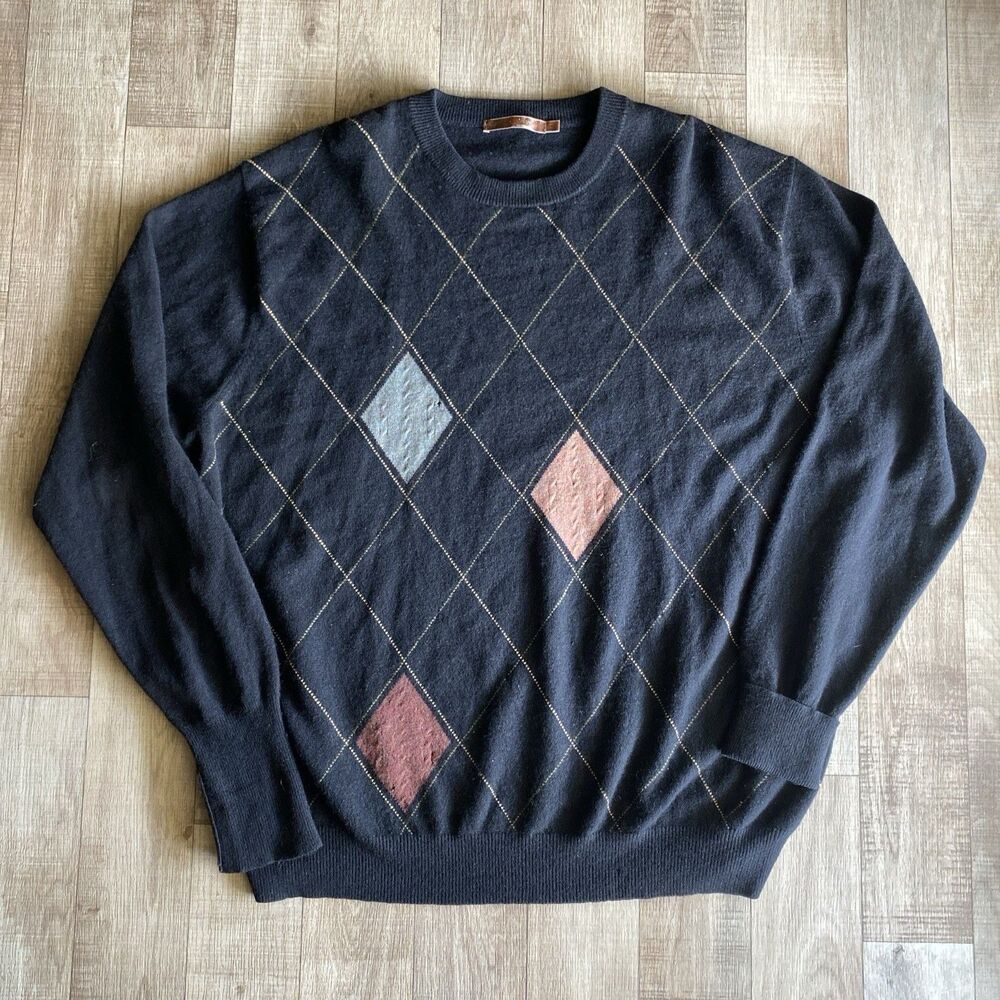 Raffi Cashmere Sweater Mens XXLarge Argyle Pullover V Neck Lightweight
